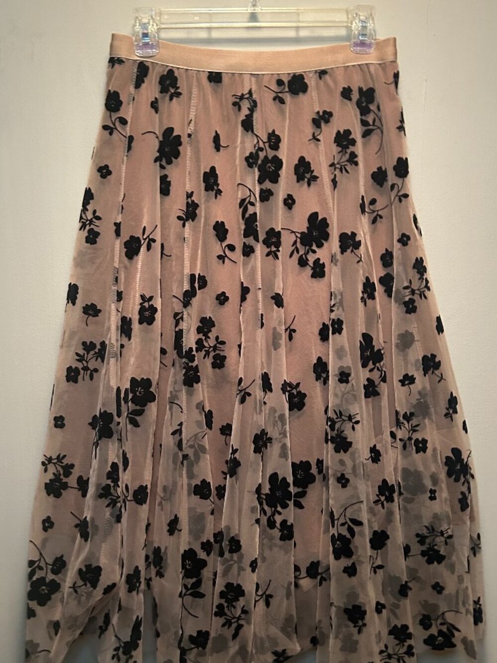 3D Posy Double Layered Mesh Midi Skirt in Taupe with Black Flowers Size S